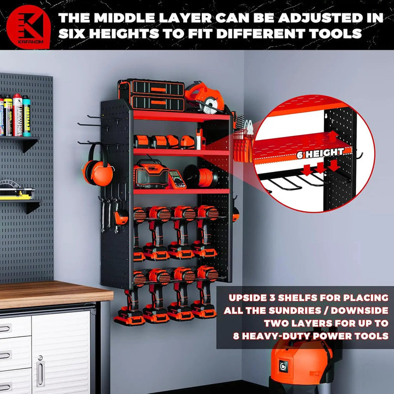 KAFAHOM Power Tool Organizer, Large 8 Drill Holder Wall Mount with 2 Side Pegboards,5 Layer Heavy Duty Metal Tool Storage Rack, Tool Shelf for Garage Organization, Utility Battery Shelves - Red by GreenHaven Gardens