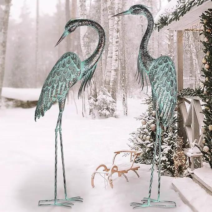 Kircust Garden Crane Statues, Standing Metal Patina Heron Decoy Outdoor Statue, 42-46 Inch Bird Yard Art for Patio Lawn Pond, Set of 2 by GreenHaven Gardens