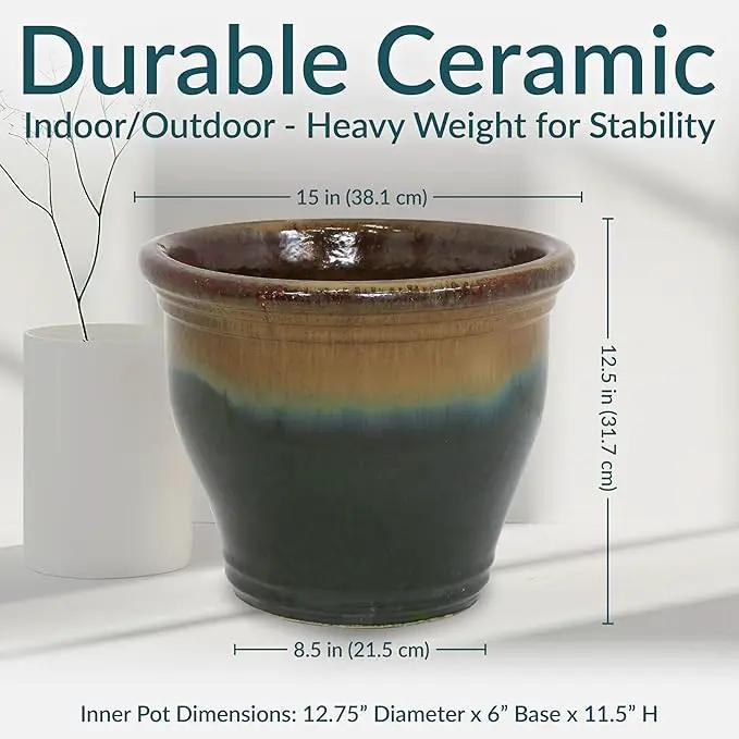 Sunnydaze Studio Large Ceramic Plant Pot - Round Outdoor Glazed Ceramic Planter Pot with Drainage - Forest Lake Green - 14.5" by GreenHaven Gardens