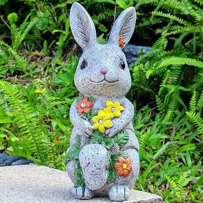 Solar Easter Rabbit Statue - Rock-Like Design with Flower Lamp Beads Woman Gifts Resin Easter Bunny Sculpture for Indoor and Outdoor Statue Decor, Garden Decoration by GreenHaven Gardens