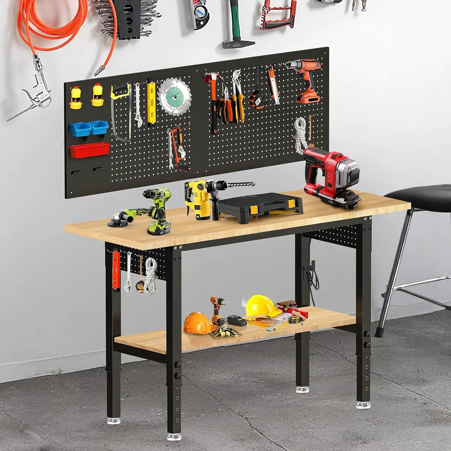 60“ Adjustable Height Workbench Work Bench for Garage Work Table with Under Table Shelf Heavy Duty Rubber Wood Top for Shop Woodworking, Office, Home, Commercial by GreenHaven Gardens