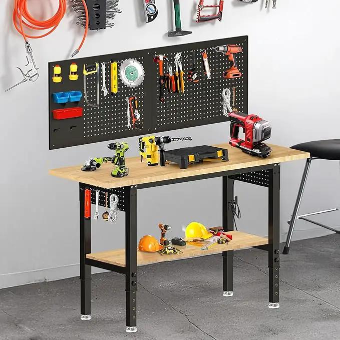 Adjustable Height Workbench, Heavy Duty Table Rubber Wood Workstation with Power Outlet & Pegboard for Garage, Office, Workshop, Home,Commercial (60"×22"|Shelf) by GreenHaven Gardens