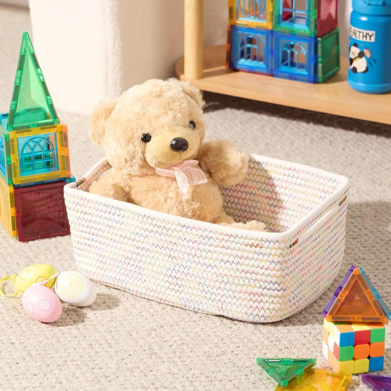 Small Storage Baskets for Organizing | Closet Organizer Bins | Shelf Toy Basket | Woven Rope Baskets | Cube Decorative Box | Shallow Basket | 13x8.5x5.1” | 3 Packs Rainbow by GreenHaven Gardens