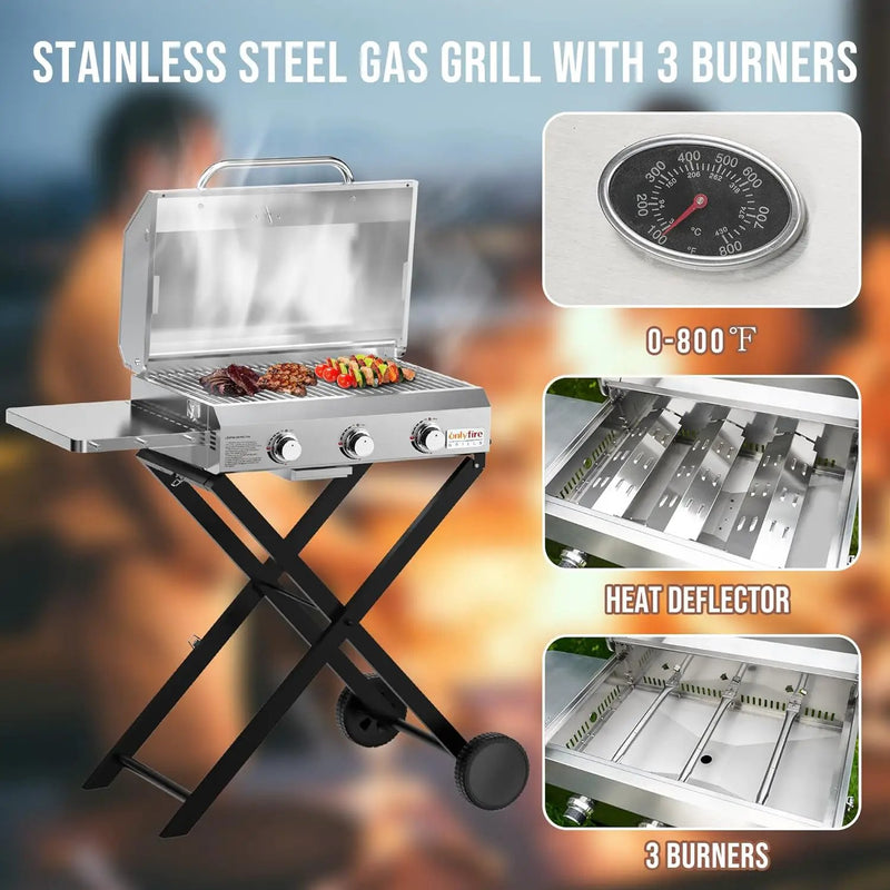 BBQ Gas Grill 3-Burner with Foldable Cart & Side Table, Portable Propane Grill with Lid for Outdoor Patio Backyard Barbecue Camping Tailgating RV Trip, Stainless Steel, GS308 by GreenHaven Gardens