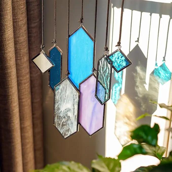 HDCRYSTALGIFTS Stained Glass Window Hanging Suncatchers - 7 Pieces Handcrafted Element Earth Tones Set,Modern Blue Wall Art Sun Catchers Indoor Window Glass Decor Gifts for Mom,Grandma by GreenHaven Gardens