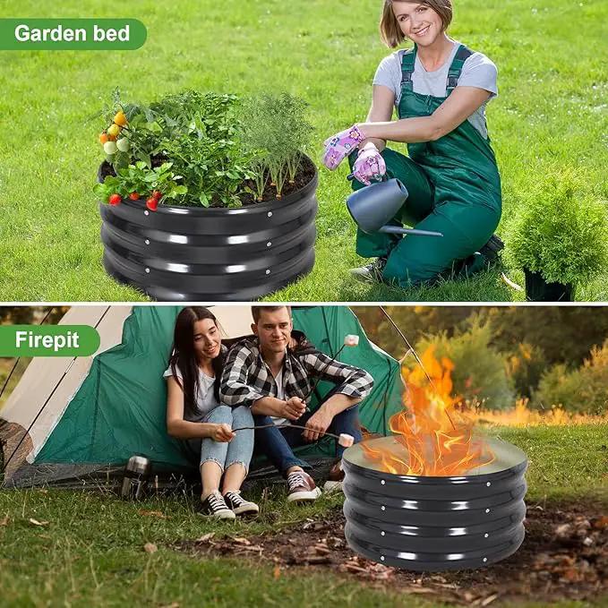 Galvanized Raised Garden Bed- 2Pcs 2x2x1FT Metal Planter Boxes Outdoor | Round Steel Raised Bed Kit & Fire Pit Ring for Gardening with Protective Tape, Gloves for Vegetables, Flower (Grey) by GreenHaven Gardens