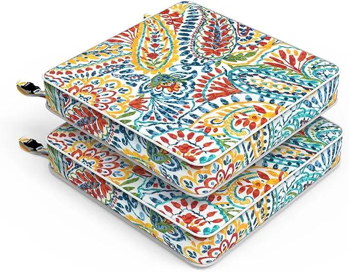 LVTXIII Patio Chair Cushions 22"x22"x3", Water-Repellent Outdoor Seat Cushions for Patio Furniture, Square Chair Pads with Ties for Home Garden Decoration, Set of 2, Paisley Multi by GreenHaven Gardens