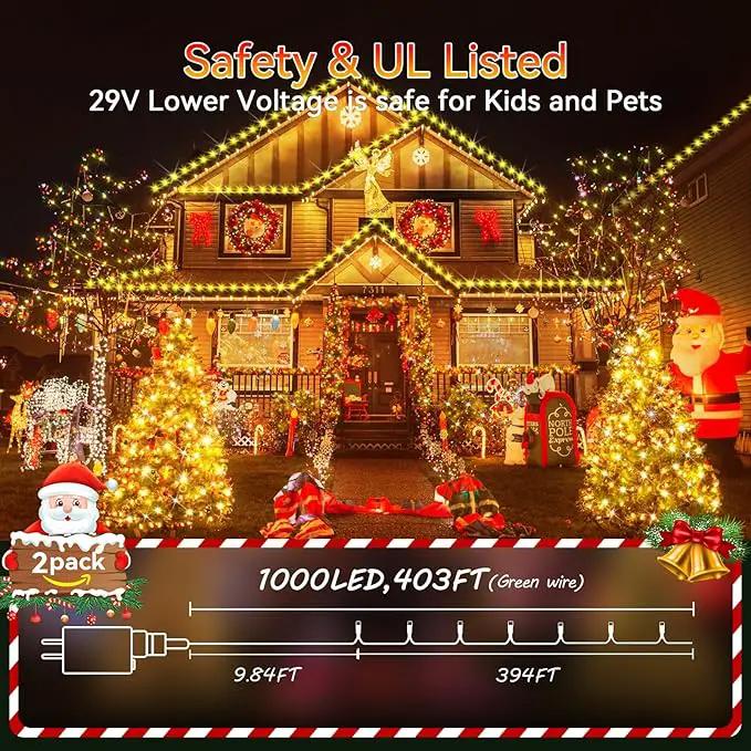 Hezbjiti 2 Pack 1000 LED 403 FT Christmas String Lights Outdoor, 8 Lighting Modes IP44 Waterproof Fairy Lights with Timer and Dimmable Function for Party Tree Decorations (Warm White, Green Wire) by GreenHaven Gardens