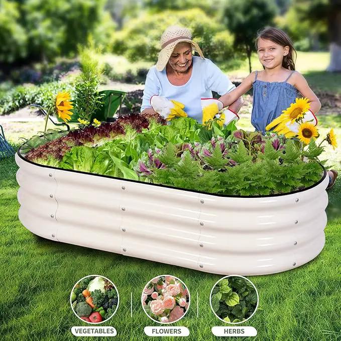 Galvanized Raised Garden Bed - 4x2x1FT Metal Planter Boxes Outdoor | Oval Steel Raised Bed Kit for Gardening with Protective Tape, Gloves for Vegetables, Flower, Herb (White) by GreenHaven Gardens