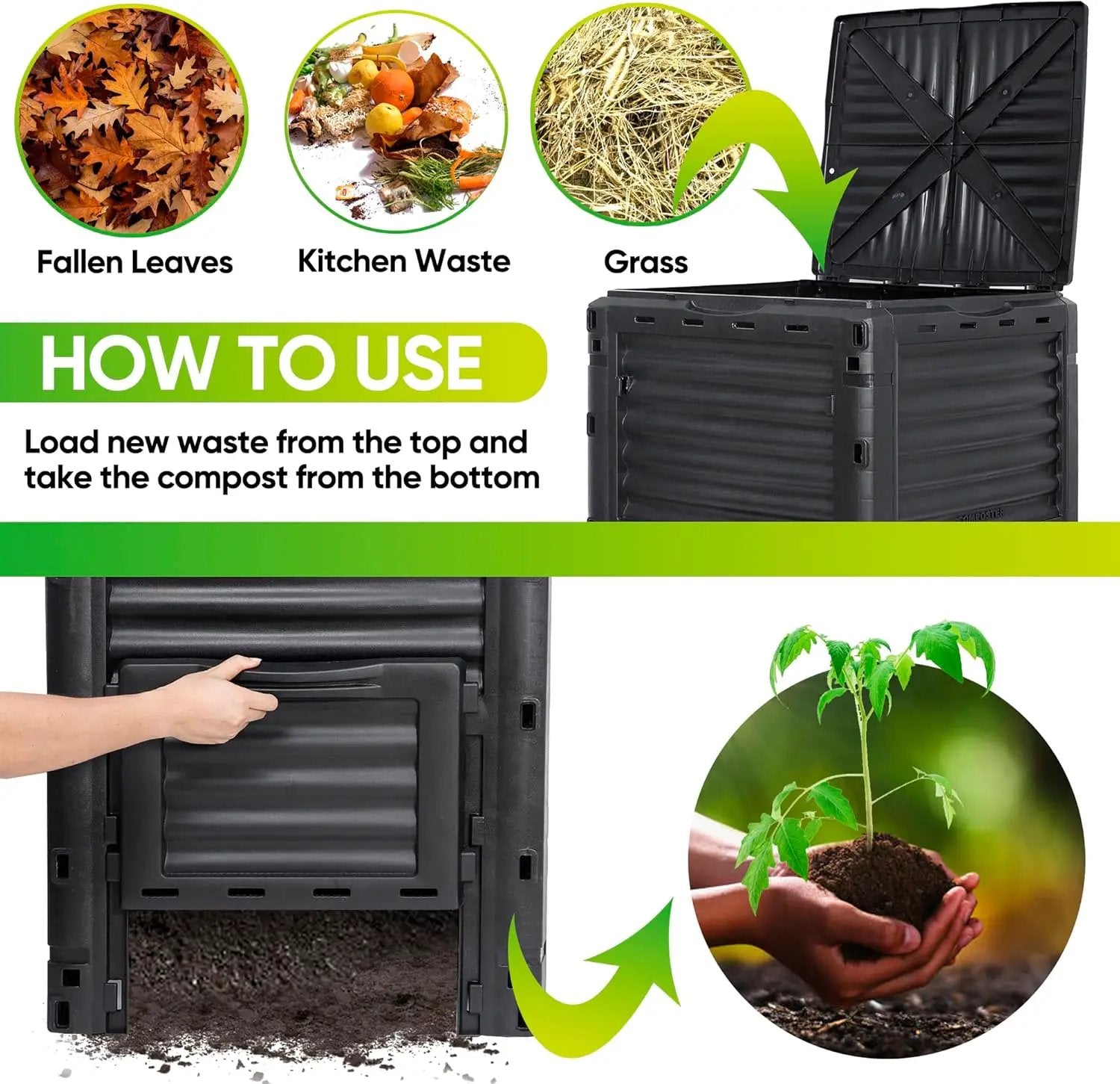 F2C Garden Compost Bin from BPA Free Material -80 Gallon(300 L) Large Compost Bin Aerating Outdoor Compost Box Easy Assembling, Lightweight, Fast Creation of Fertile Soil, Black by GreenHaven Gardens