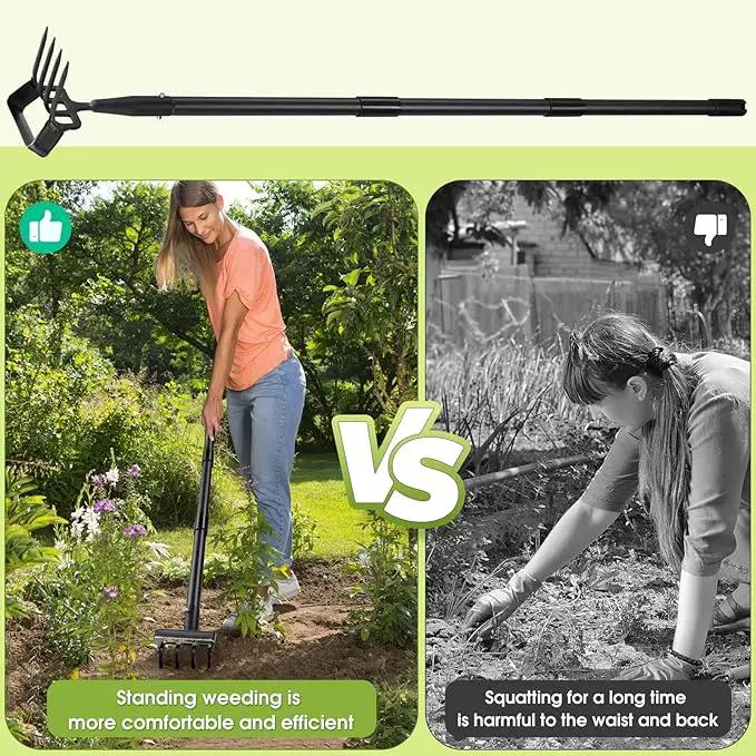 INFLATION Stirrup Hand Hula Hoe Heavy Duty Metal Gardening Weed Puller Tool 4 Tines Prong 2-in-1 Herb Stripper Yard Rake for Women Kids Men Garden Grandpas Weeder 32-62 inch Long Adjustable Handle by GreenHaven Gardens