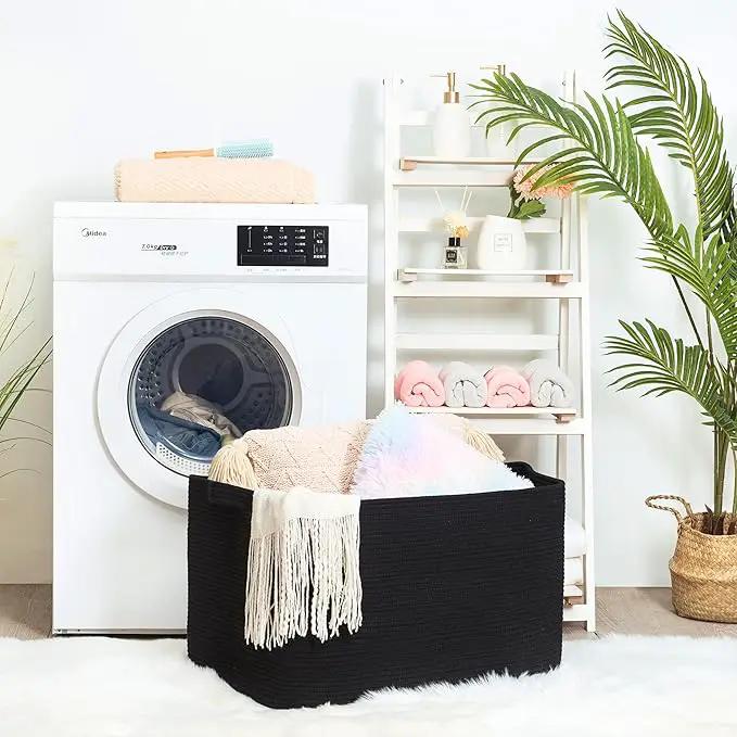 MINTWOOD Design 22in Extra Large Blanket Basket Holder Living Room, Rectangle Rope Woven Storage Basket with Handles for Laundry, Pool Towels, and Shoes, Dog Toy Organizer Bin Box, Full Black by GreenHaven Gardens