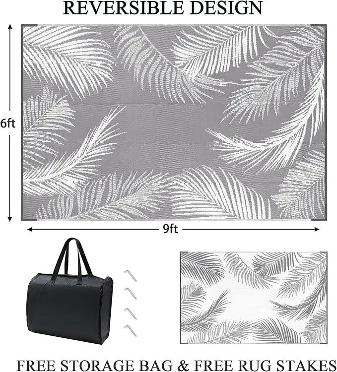 Pauwer Outdoor Rug, 6'x9', Leaf Grey, Reversible, Waterproof, Polypropylene, Lightweight, RV Mat, Patio Decor by GreenHaven Gardens