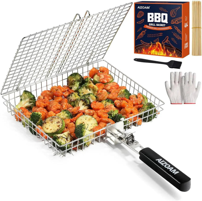 Grill Basket - Grill Baskets for Outdoor Grill, Stainless Steel Large Grilling Basket w Removable Handle, Portable Fish Grilling Rack for Grill Ideal Meat Fish Vegetables Grilling Accessories by GreenHaven Gardens