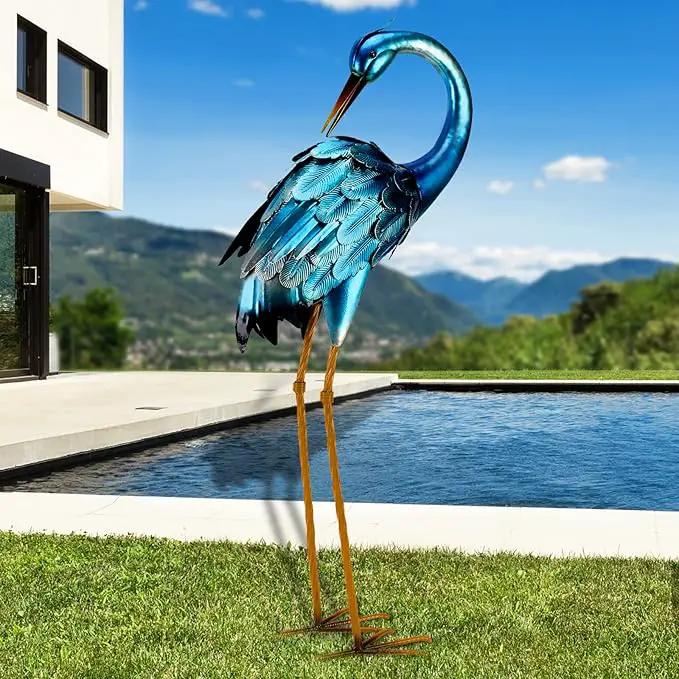 chisheen Metal Crane Garden Statue, Blue Heron Sculpture Yard Art, Large Heron Decoy, Bird Statues, Lawn Ornaments for Backyard Pond Patio Porch Outside Decorations by GreenHaven Gardens