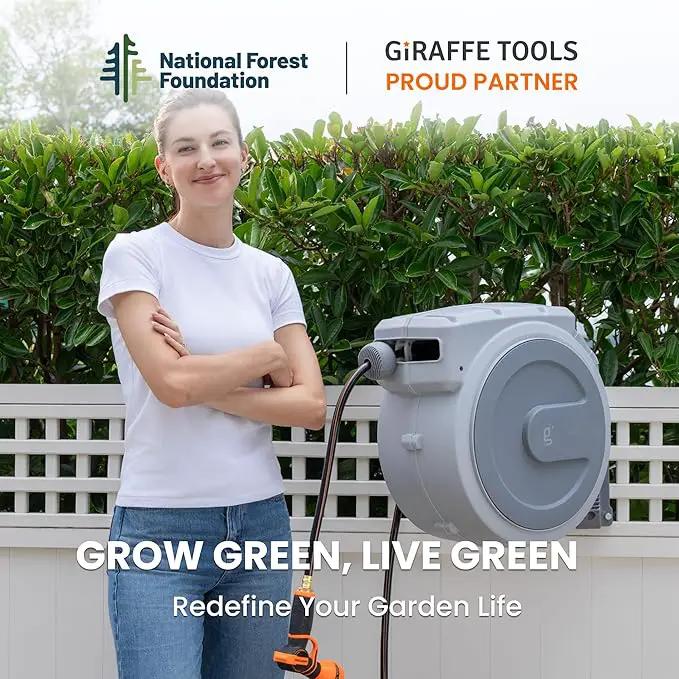 Giraffe Tools Retractable Garden Hose Reel, 5/8 in x 90 ft Heavy Duty Hose Reel With 9 Pattern Nozzle, Any Length Lock, Wall Mount Water Hose Reel, 180°Swivel, Light Grey by GreenHaven Gardens