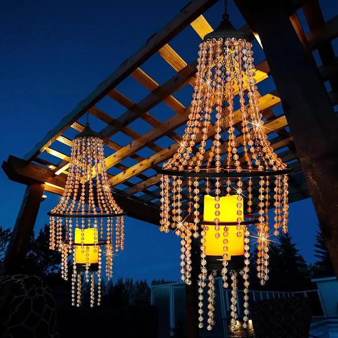 Battery Operated Hanging Chandelier Outdoor Indoor, 28” Modern Acrylic Crystal Hanging Beaded Lantern with Led Candle Light, Pendant Lights Decor for a Gazebo, Garden, Backyard, Patio, Balcony, Porch by GreenHaven Gardens