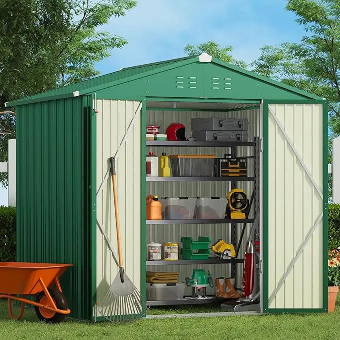 Gizoon Outdoor Storage Shed 8 x 6 FT, Galvanized Metal Garden Shed with Double Lockable Doors, Outdoor Storage Clearance for Backyard Patio Lawn-Green by GreenHaven Gardens