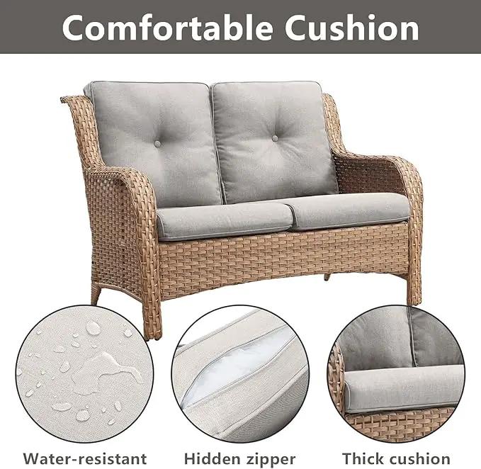 Outdoor Wicker Patio Furniture Set - 6 Piece Rattan Patio Conversation Set with 2 Rocking Swivel Chairs,2 Ottomans,1 Loveseat and 1 Side Table for Porch Deck Backyard Garden(Yellow/Beige) by GreenHaven Gardens