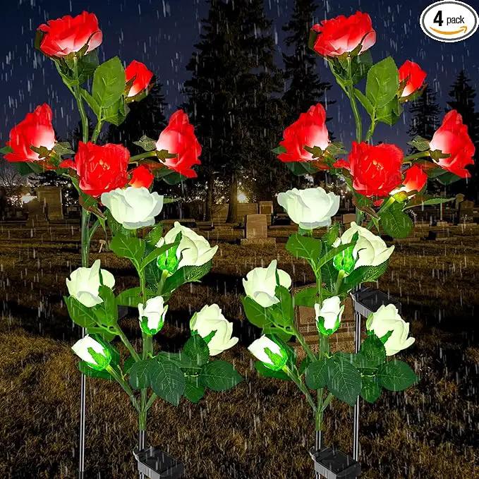 Woanger 4 Pcs Solar Flowers Cemetery Grave Decorations Outdoor LED Flower Lights with 6 Rose Powered Garden Stake Lights Waterproof for Independence Day Grave Decorations(Red, White) by GreenHaven Gardens