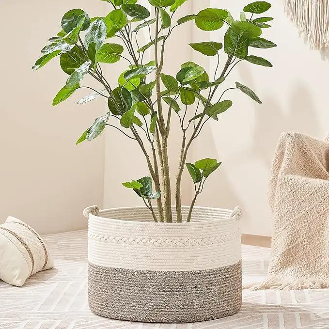 KAKAMAY Large Blanket Basket (20"x13"),Woven Baskets for storage Baby Laundry Hamper, Cotton Rope Blanket Basket for Living Room, Laundry, Nursery, Pillows, Baby Toy chest (White/Beige) by GreenHaven Gardens