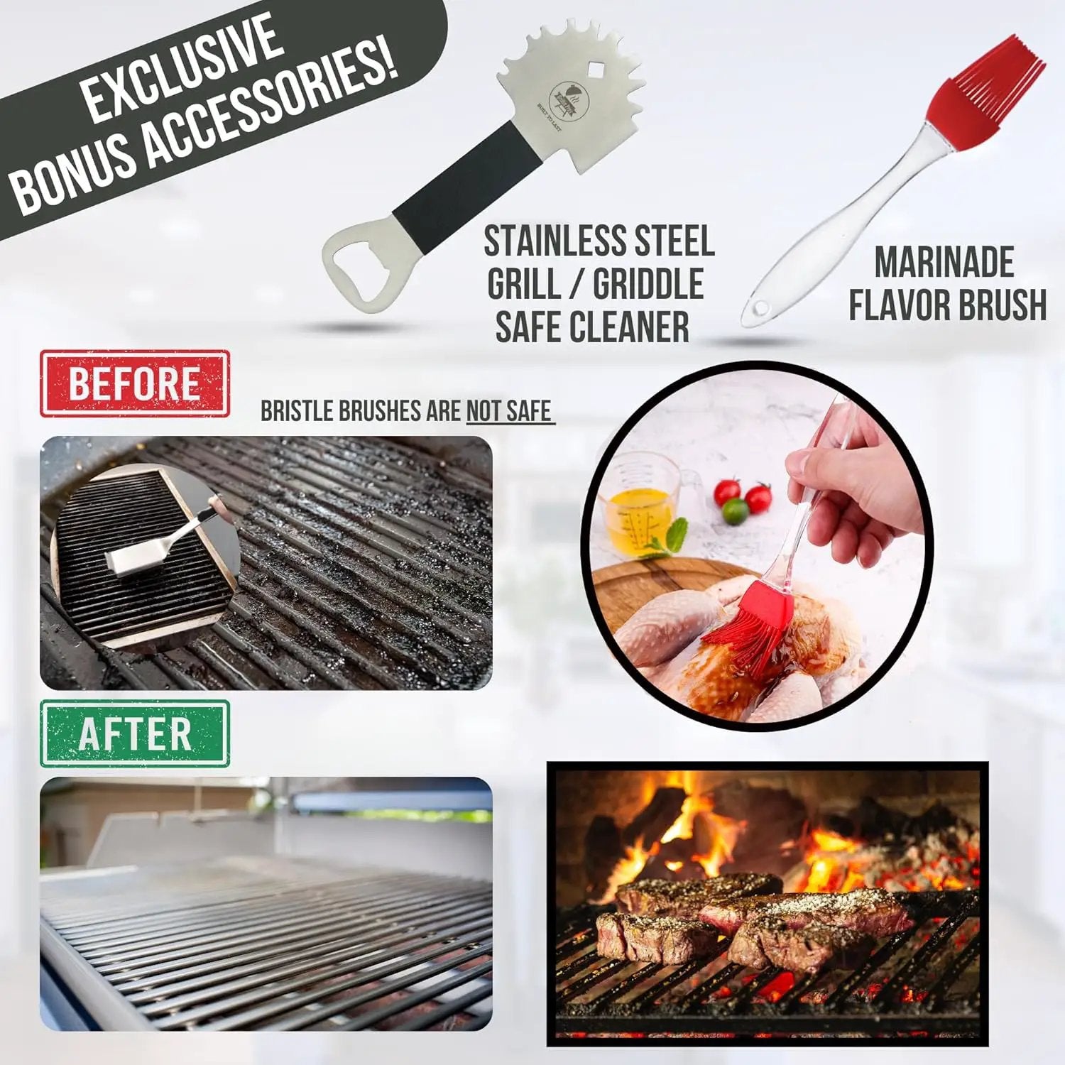 Professional Meat Injector Marinade Syringe Kit for Smoking & Grilling Turkey, Brisket & BBQ - Large 2 Oz Visible Stainless Steel Capacity - Never Leaks or Clogs + Safe Grill Cleaner & Flavor Brush by GreenHaven Gardens