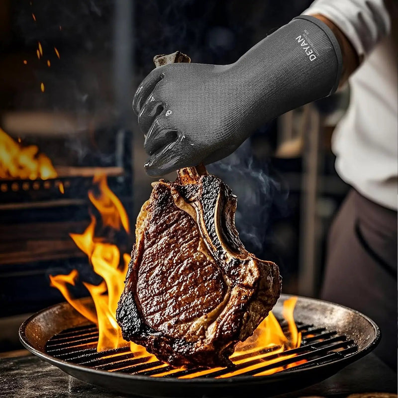 DEYAN Silicone BBQ & Oven Gloves - Food Grade, Heat Resistant Waterproof & Oil Proof Gloves for Grilling, Baking, Frying, Cooking - Long Sleeve & Non-Slip Grip, 1 Pair(Black, 8/M) by GreenHaven Gardens