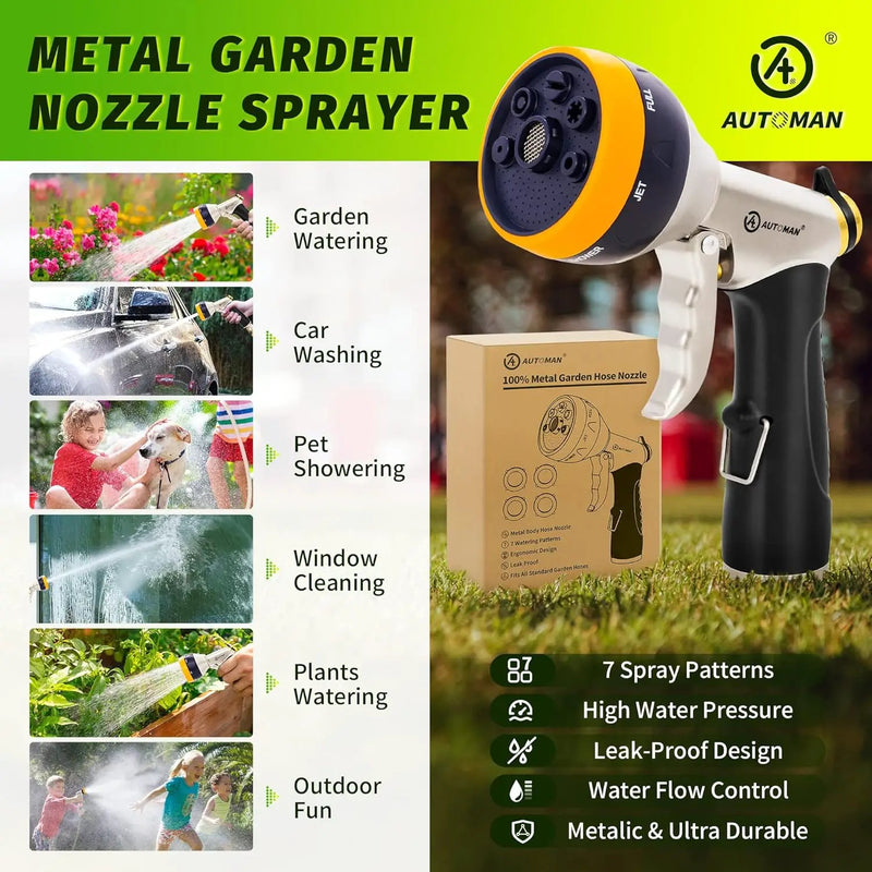 AUTOMAN Garden Hose Nozzles - High Pressure 100% Metal Hose Sprayer 2 Pack, Heavy Duty Garden Watering Nozzle Set, Powerful Garden Nozzle for Watering Plants, Window Cleaning,Washing Cars,Pets Bathing by GreenHaven Gardens