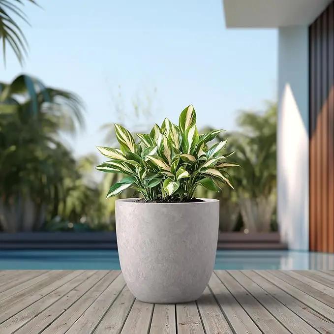 Kante 18 Inch Dia Round Concrete Planter, Indoor Outdoor Large Plant Pot with Drainage Hole and Rubber Plug for Home Patio Garden, Light Gray by GreenHaven Gardens