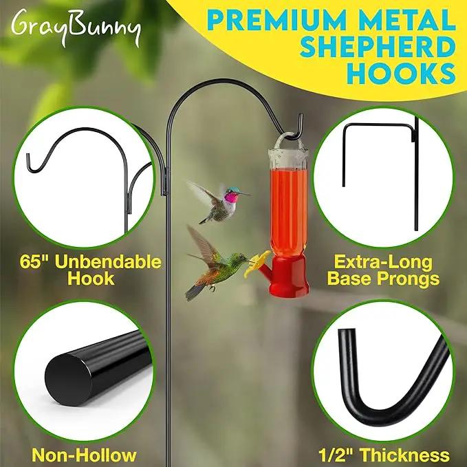 Gray Bunny Dual Sided Shepherds Hooks for Outdoor - 65" Heavy Duty Metal Bird Feeder Pole & Lantern Pole, 1/2" Thick Plant Hangers Outdoor, Great for Weddings Décor & Mason Jars - Black by GreenHaven Gardens