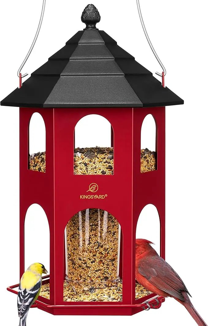 Kingsyard Metal Bird Feeder for Outdoor Hanging, Wild Bird Feeders with Circular Perch, Easy to Clean & Refill, 4 lbs Large Seed Capacity, Red by GreenHaven Gardens