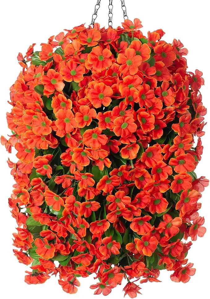 Artificial Hanging Flowers in 12 inch Basket, Fake Fall Plant Silk Orchid Flower Arrangement with Coconut Lining Pot Planter for Patio Garden Porch Deck Summer Autumn Decorationr(Orange) by GreenHaven Gardens