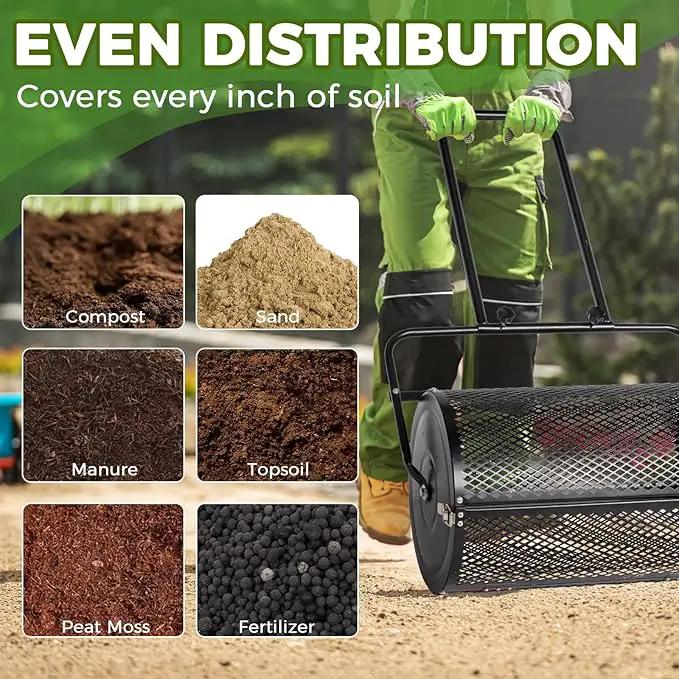 Outvita Compost Spreader and Peat Moss Spreader, 24" Push/Tow-Behind Roller Lawn Spreader with Steel Mesh Basket Garden Spreader for Spreading Manure Mulch Topsoil by GreenHaven Gardens