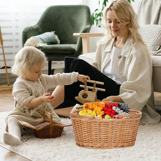 Wicker Picnic Basket with Double Folding Handles, Natural Large Willow Hamper Empty Basket Cheap Easter Eggs Candy Storage Wine Basket for Toy, Flower, Wedding（Grey 16inch） by GreenHaven Gardens