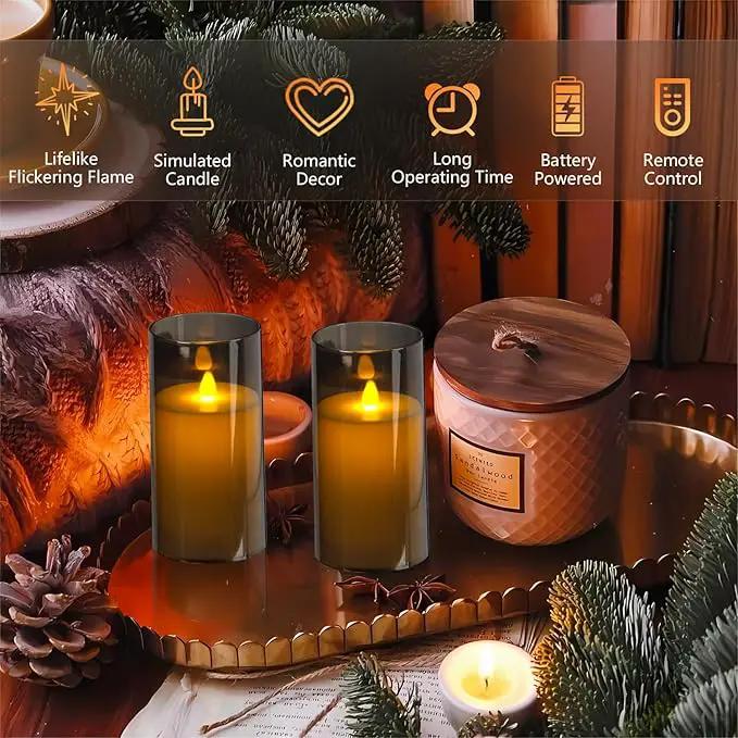 Metaku Flickering Flameless Candles Battery Operated 3D Moving Wick LED Candles with Remote, Set of 2 Grey Acrylic Electric Candles for Christmas Halloween Valentines Wedding Home Decor,D 3"×H 6" by GreenHaven Gardens