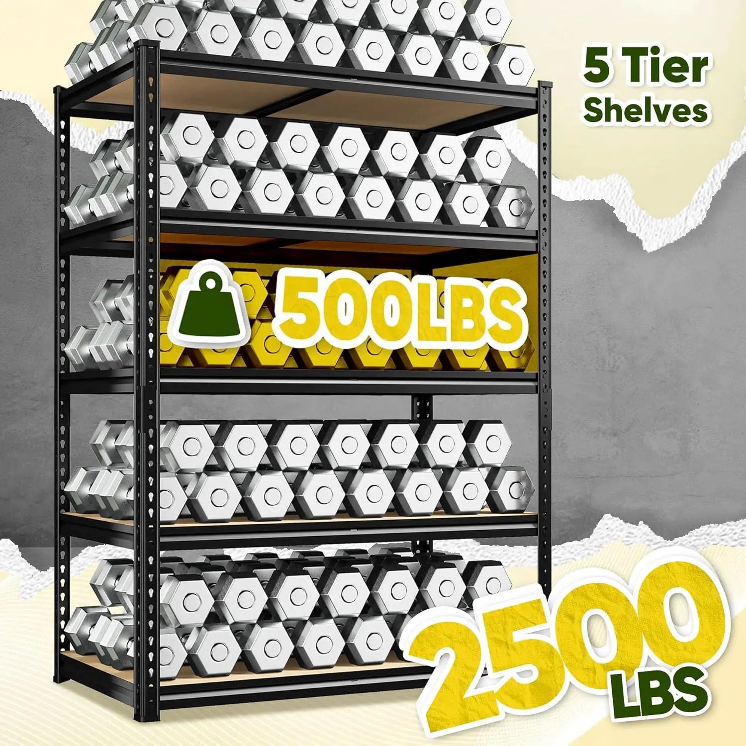 72" H Garage Shelving, 5 Tier Storage Shelves Load 2500 lbs, Adjustable Garage Shelves, Metal Shelving Unit for Warehouse, Basement, Pantry, 40" Wx 16" D x 72" H, Black by GreenHaven Gardens