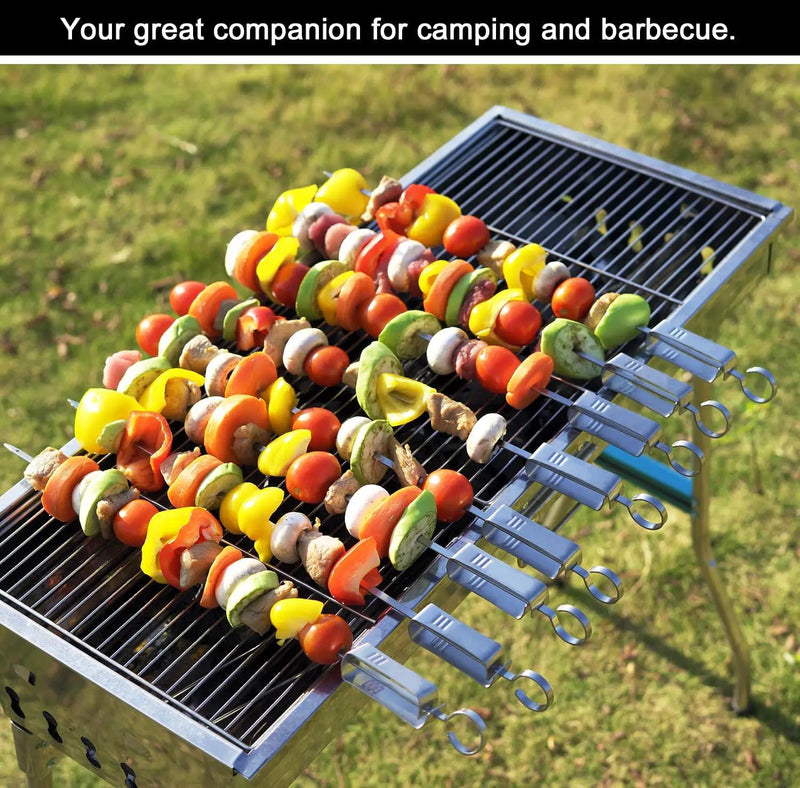 ESOW Metal BBQ Skewers for Grilling-16.83" Long Flat Kebab Sticks with Push Bar, Stainless Steel 304 Shish Kabob Skewers for Camping, Set of 8 with Bag by GreenHaven Gardens