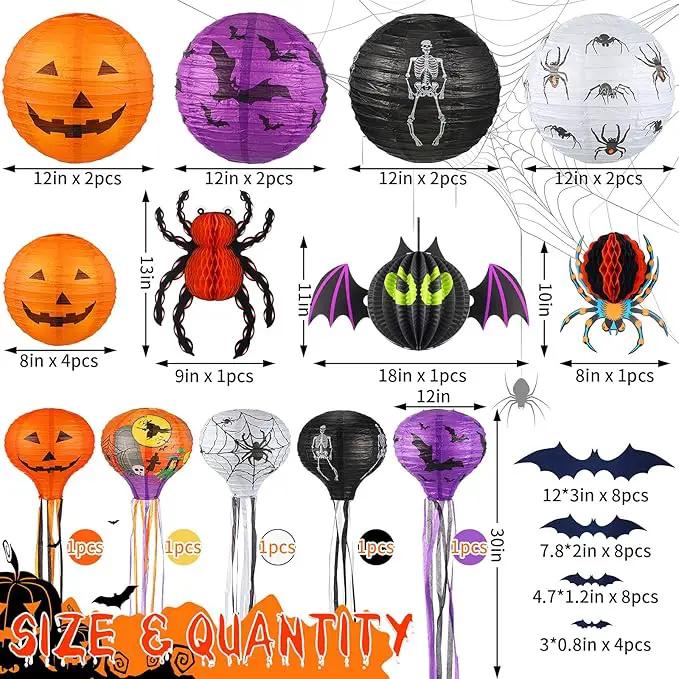 48 Pieces Halloween Decorations Paper Lanterns Pumpkin Skeleton Paper Lanterns 3D Bat Wall Stickers Spider Wall Hanging for Halloween Party Garden Bedroom Cobwebs Indoor Outdoor, 12 Inch and 8 Inch by GreenHaven Gardens