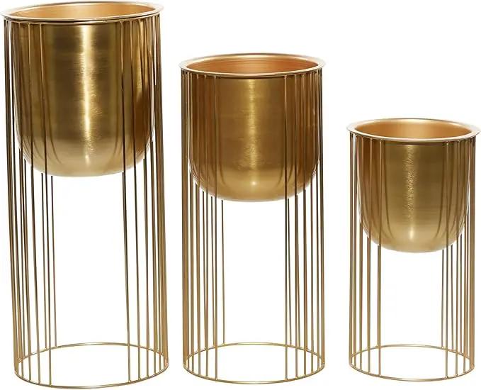 Deco 79 Metal Indoor Outdoor Planter Deep Recessed Dome Large Planter Pot with Elevated Caged Stand, Set of 3 Planters 24", 20", 16"H, Gold by GreenHaven Gardens