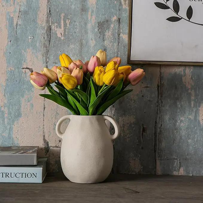 Off-White Ceramic Vase with 2 Handles, Sandstone Texture for Modern Farmhouse Decor, Rustic Pottery, Decorative Flower Vase, Clay Small Vase, Centerpiece for Dining Table - 7 Inch Tall by GreenHaven Gardens