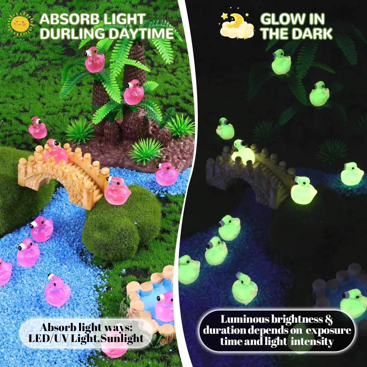 200PCS Mini Resin Animals Cute Rose Pink Tiny Flamingo Ducks Glow in Dark, Miniature Figures to Hide, Small Animal Toys Accessories Bulk for Topper Garden Dollhouse Ornaments DIY Crafts & Decor by GreenHaven Gardens