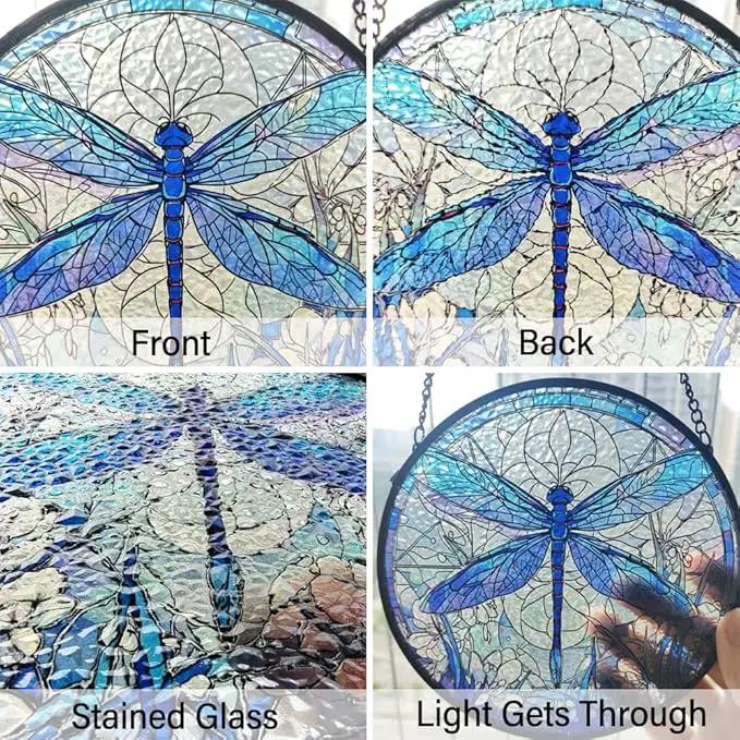 Dragonfly Decor Suncatcher Stained Glass Window Hanging - Handmade Artistic Suncatchers for Windows Hanging - Wall Home Decor Suncatcher with Metal Chain and Hook Gift for Women Mom Home Porch Garden by GreenHaven Gardens