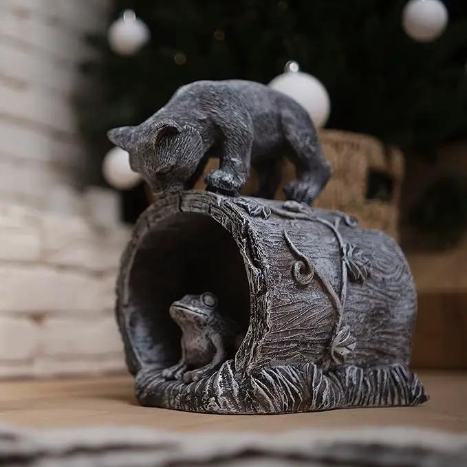 Gutter Downspout Extension - Downspout Splash Block - Downspout Diverter Garden Statue (Playful Chasing Kitty and Frog) by GreenHaven Gardens