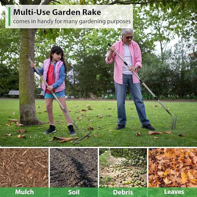 Garden Rake, 6 FT Bow Rakes for Lawns Heavy Duty, Yard Metal Rake with Adjustable Long Handle, 14 Tines Head, Gardening Tool for Loosen Soil, Gather Leaves, Level Mulch, Remove Debris by GreenHaven Gardens