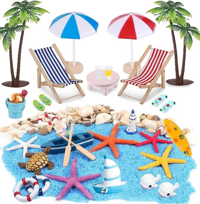 31 Pcs Beach Microlandscape Miniature Dollhouse Decoration, Maritime Decoration with Mini Beach Umbrella Mini Chair Miniature Coconut Tree Beach Decor for DIY Garden Plant Pool by GreenHaven Gardens
