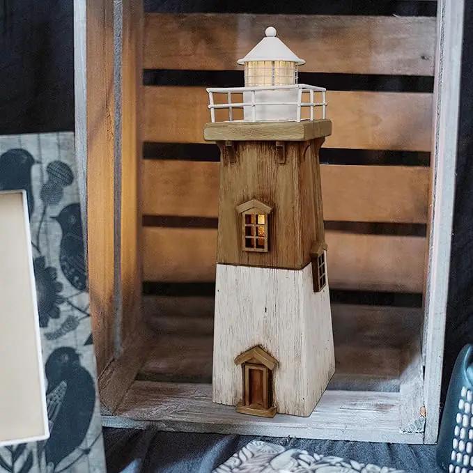 Wooden Lighthouse Decor with Light, Decorative Nautical Lighthouse Rustic Ocean Sea Beach Themed Lighthouse Decoration, Handcrafted Tabletop Nautical Themed Home Decor Bathroom Decor (13.78“H) by GreenHaven Gardens