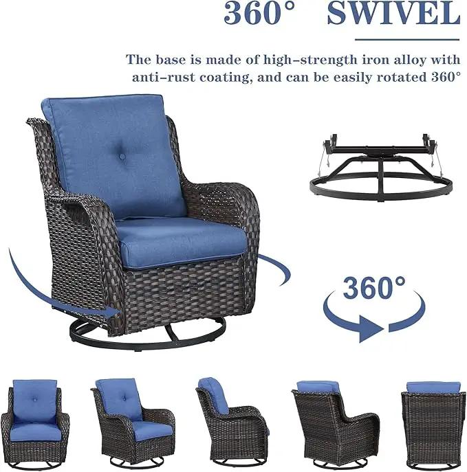Wicker Outdoor Furniture Patio Furniture Set - 6 Piece Patio Conversation Set with Swivel Rocker Chairs, Rattan Sofa, Ottomans and Coffee Table, Blue Cushion by GreenHaven Gardens