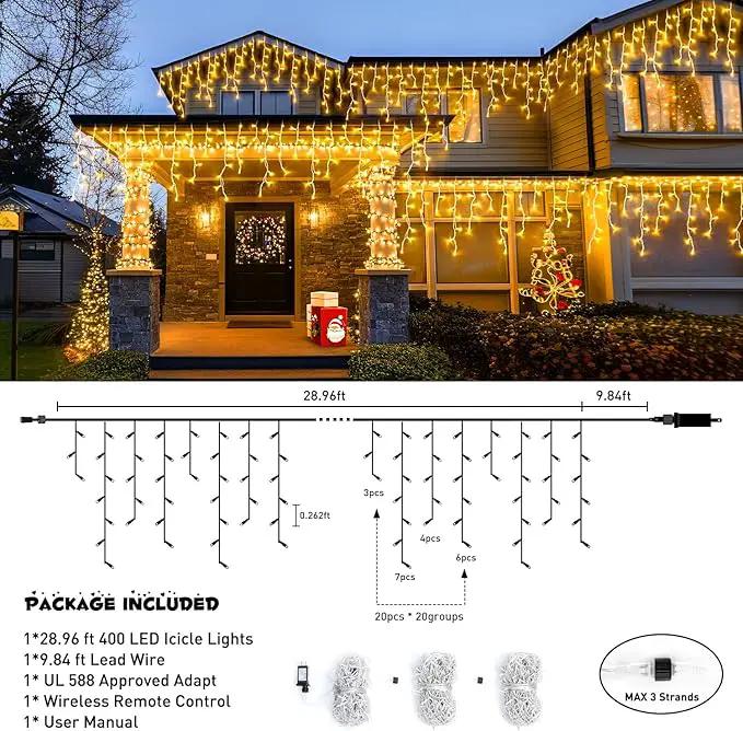 JMEXSUSS 38.8FT Icicle Lights for Outside, 400 LED Icicle Christmas Light Outdoor Indoor Plug in, Warm White Curtain String Lights for Wedding House Patio Party Fireplace Holiday Decorations by GreenHaven Gardens