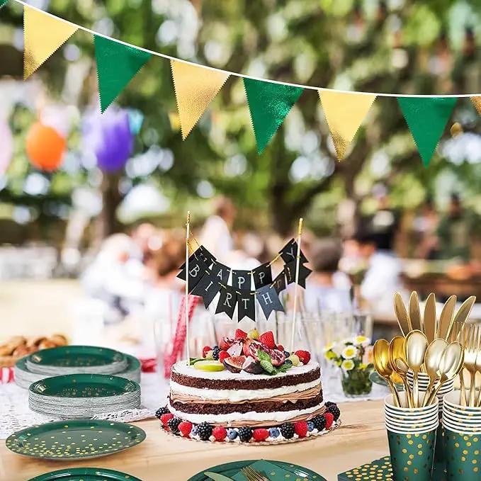 Green Gold Party Decorations Metallic Fabric Triangle Pennant Banner Flag Bunting Garland for Graduations Birthday Retirement Wedding Baby Shower Spring Summer Master Golf Theme Outdoor Party Supplies by GreenHaven Gardens