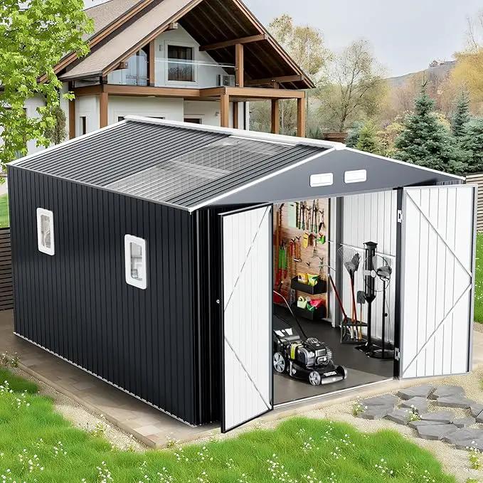 12x10 FT Metal Sheds & Outdoor Storage: Heavy Duty Garden Sheds with Dual Transparent Panels, DIY-installable Windows & Lockable Doors, Weatherproof Tool Shed for Backyard, Garden, Patio, Grey by GreenHaven Gardens